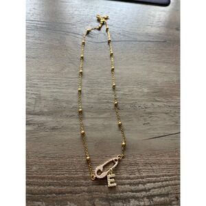 New Gold Tone Safety Pin Initial rhinestone E Chain Necklace‎ 18 Inch